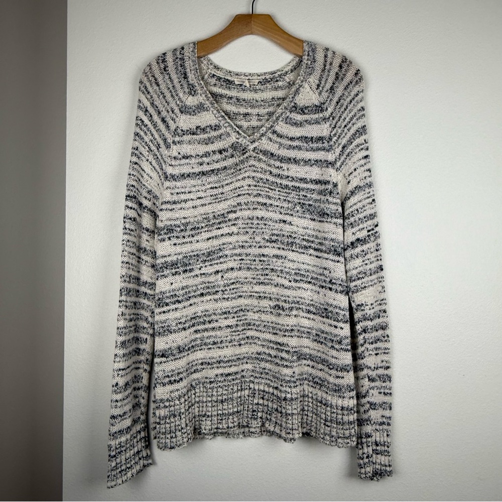Eileen Fisher Blurred Cotton Stripe Soft White Ash Knit V-Neck‎ Sweater